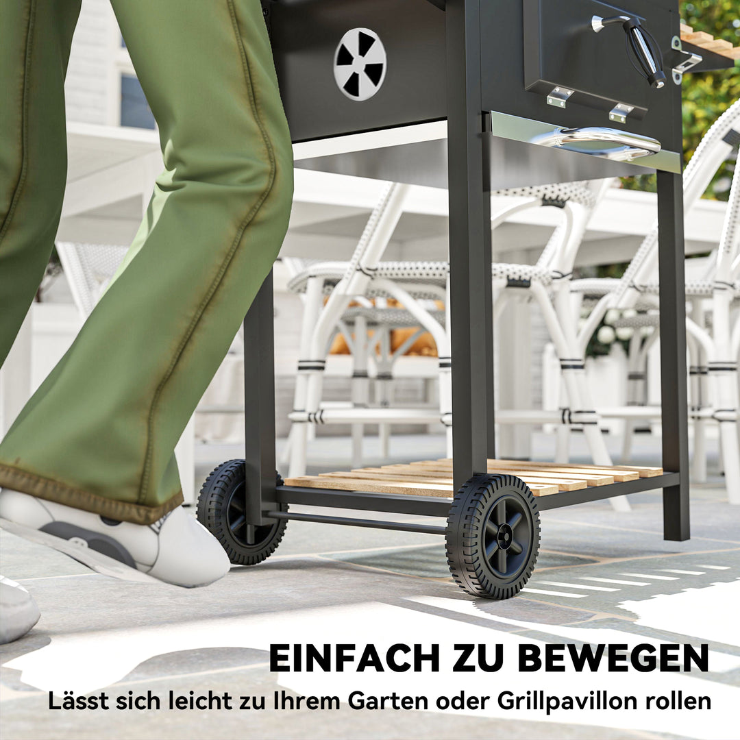 Kulgrill, højdejusterbar kulpande, grillvogn, hylder, termometer, flaskeåbner, stål, træ, sort