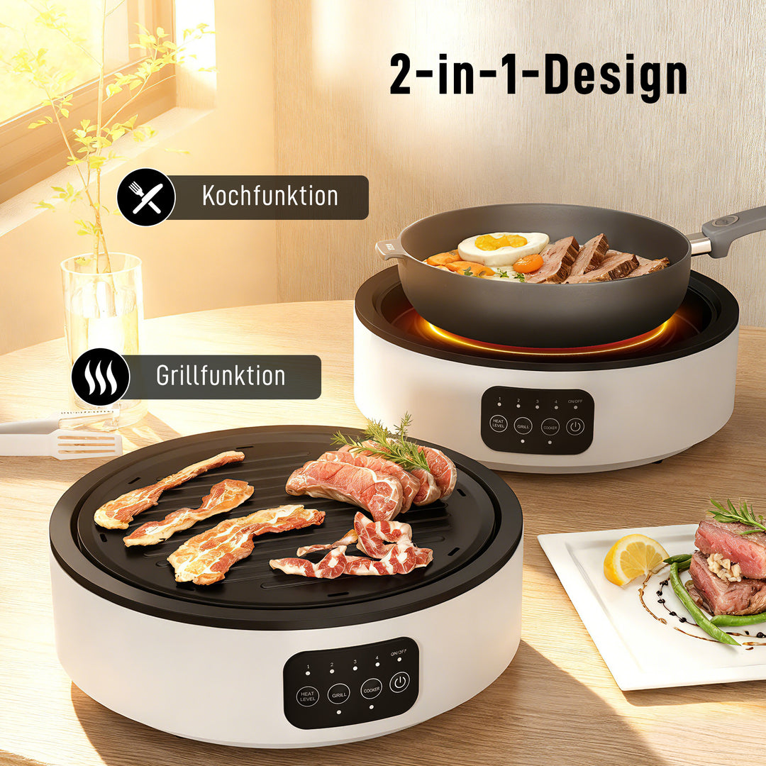 Dobbelt keramisk kogeplade, 2-i-1 design, til madlavning og grillning, 2000W, 4 varmeindstillinger, LED-display, drypbakke, hvid