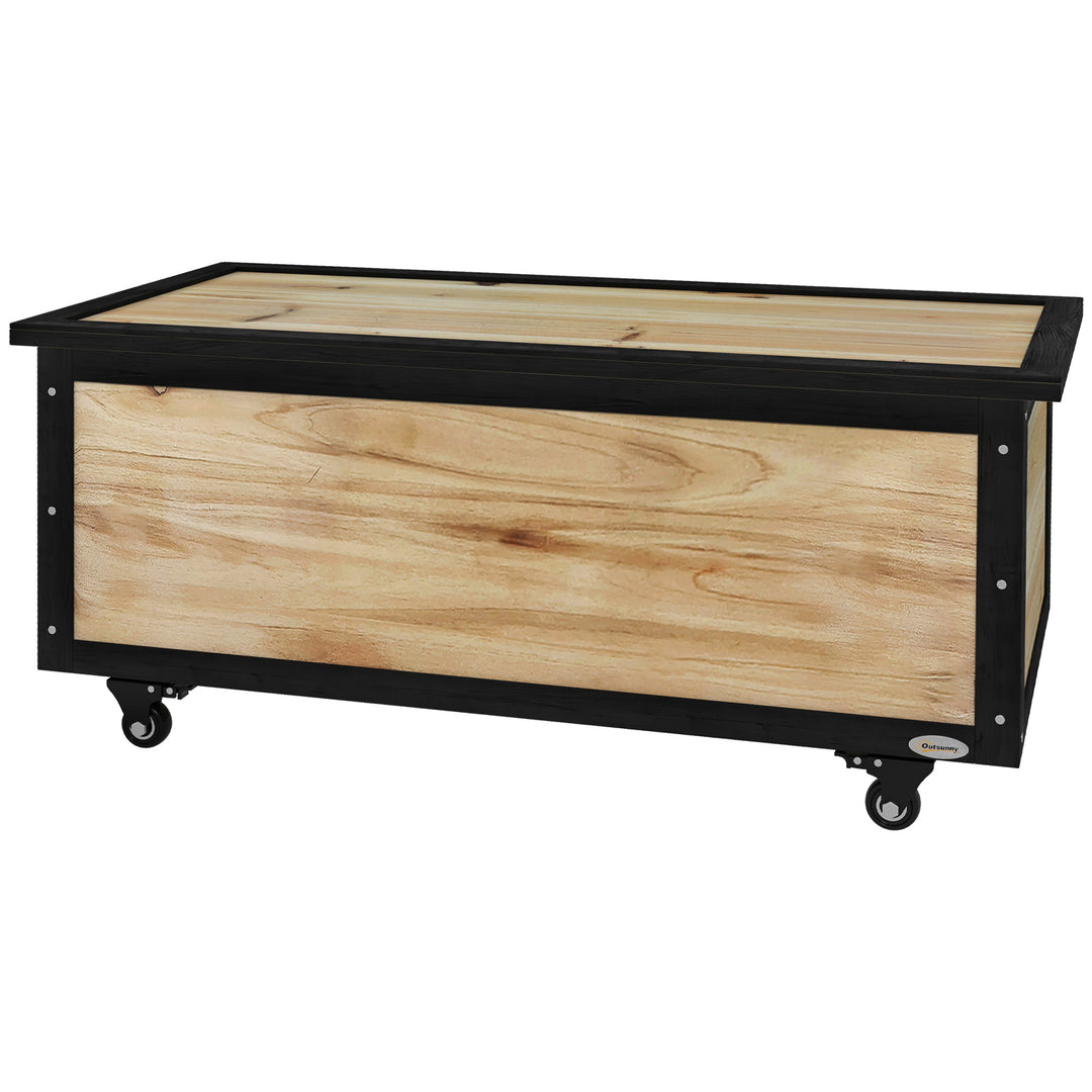 Haveopbevaringskasse, 121 liter, 2 hjul, vejrbestandig, metalhængsler, naturtræ, 100x50x43 cm
