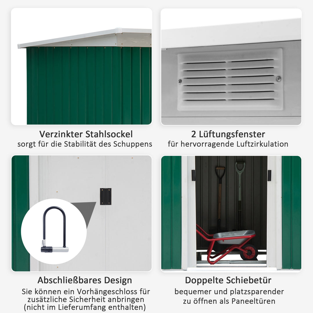 Metal redskabsskur 6,3m³ 280x130x172cm redskabsskur med skydedør, vejrbestandigt havehus, udendørs haveskur, skab til baghave, udendørsområde, antracit, mørkegrøn