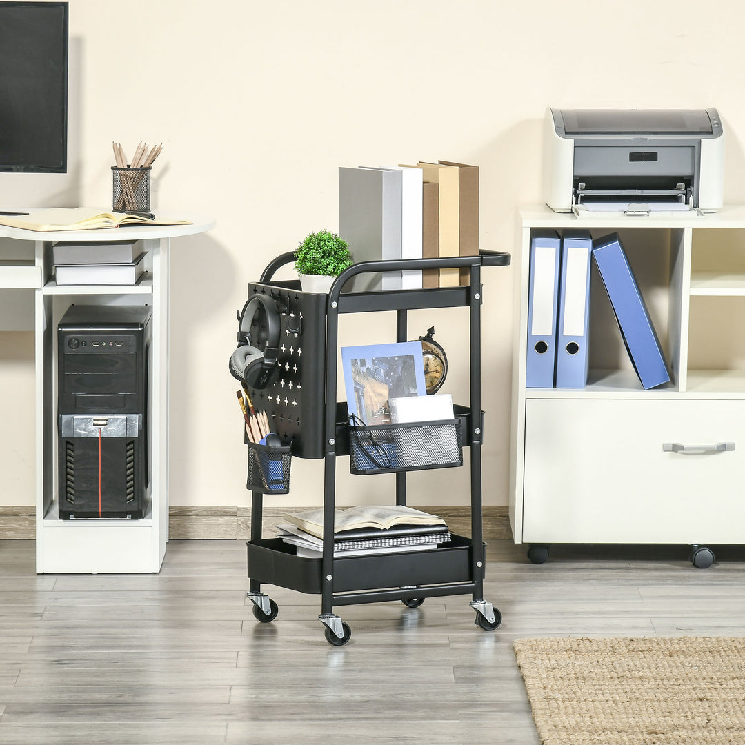 Køkkenvogn med hulplade, håndklædeholder, opbevaringskurve, sort