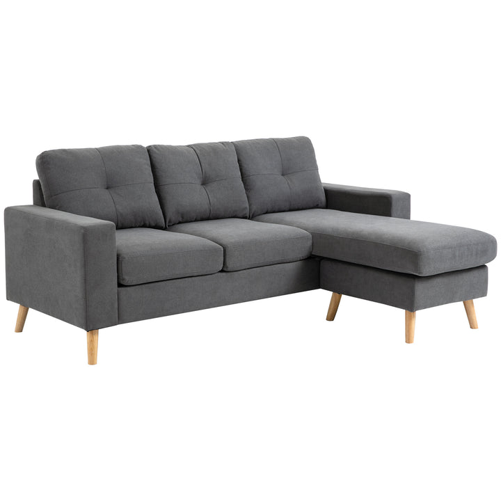 Hjørnesofa i skandinavisk design, med knapsyninger, massivt træ, linnedlook, grå