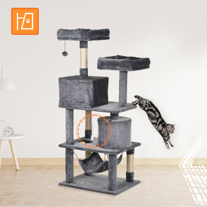 Kradsetræ til katte stor 145 cm, kradsetræ med hængekøje, klatretræ til katte, kradsetræ til kattehulemøbler med sisalstolper, lysegrå
