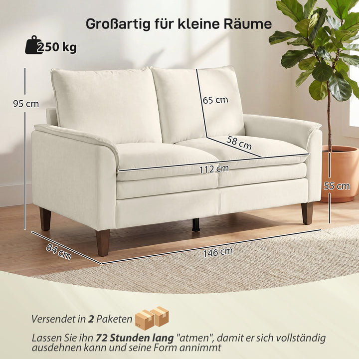 146 cm to-personers sofa, chenille sofa med dobbeltbetræk, fjerhynder, dybt sæde, højt ryglæn, cremefarvet