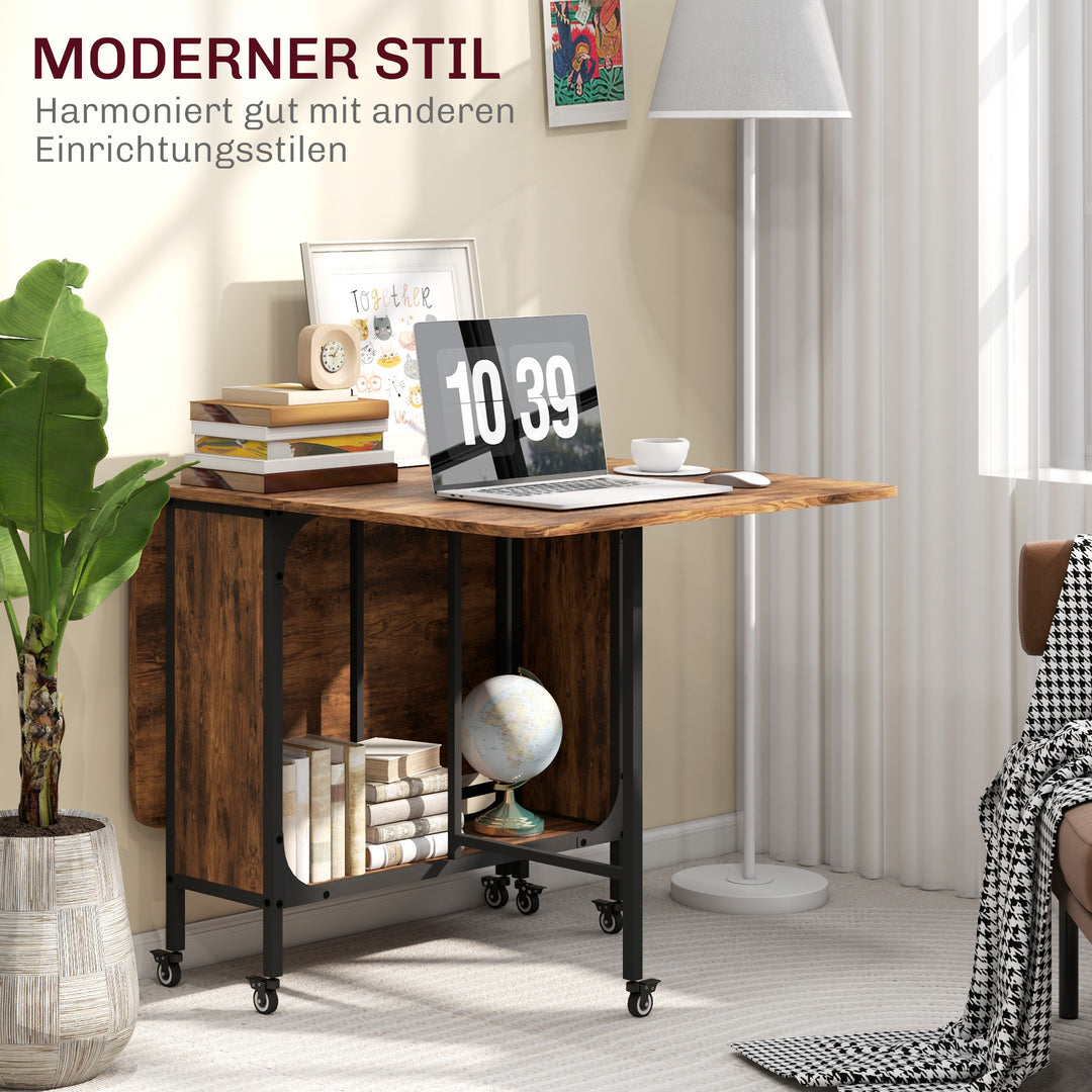 Foldbart spisebord, mobilt foldebord til 6 personer, med hylde, lasteevne op til 50 kg, 130 x 80 x 74 cm, rødbrun