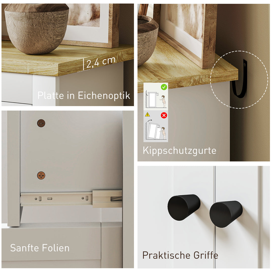 Kommode med masser af opbevaringsplads, skænk med soft-close døre, 2 skuffer, justerbar hylde, hvid