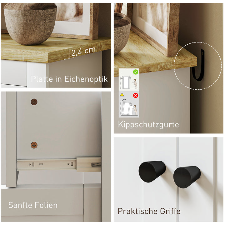 Kommode med masser af opbevaringsplads, skænk med soft-close døre, 2 skuffer, justerbar hylde, hvid