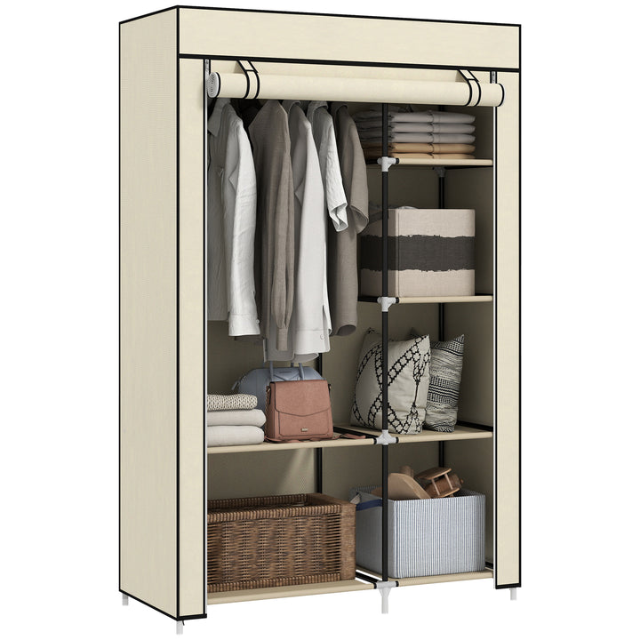 Stofgarderobe, opbevaringsløsning, 6 hylder, 1 bøjlestang, beige