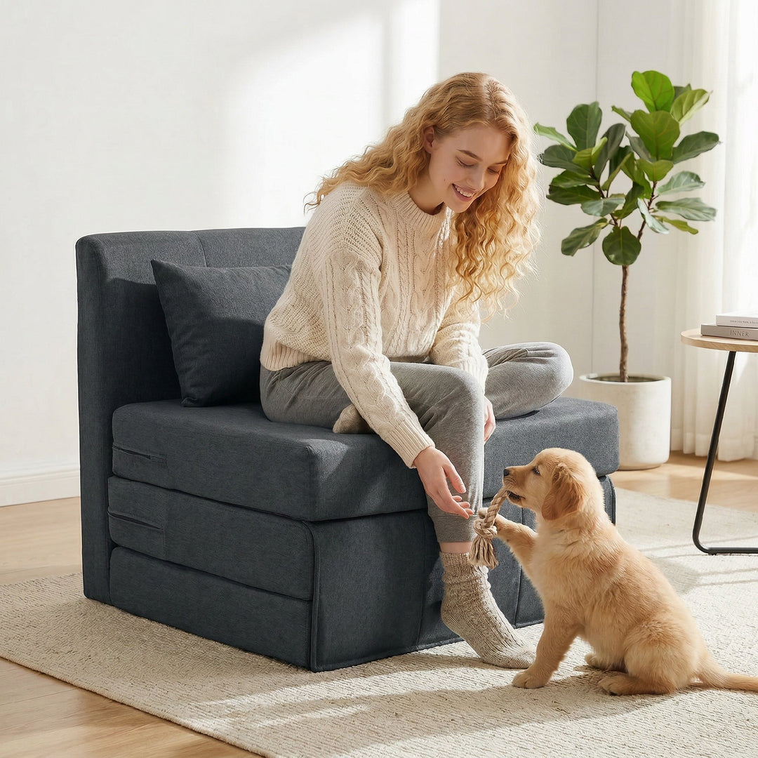 2-i-1 sovesofa, foldbar sovesofa med hørtekstur, polstret gæsteseng, klapstol, mørkegrå