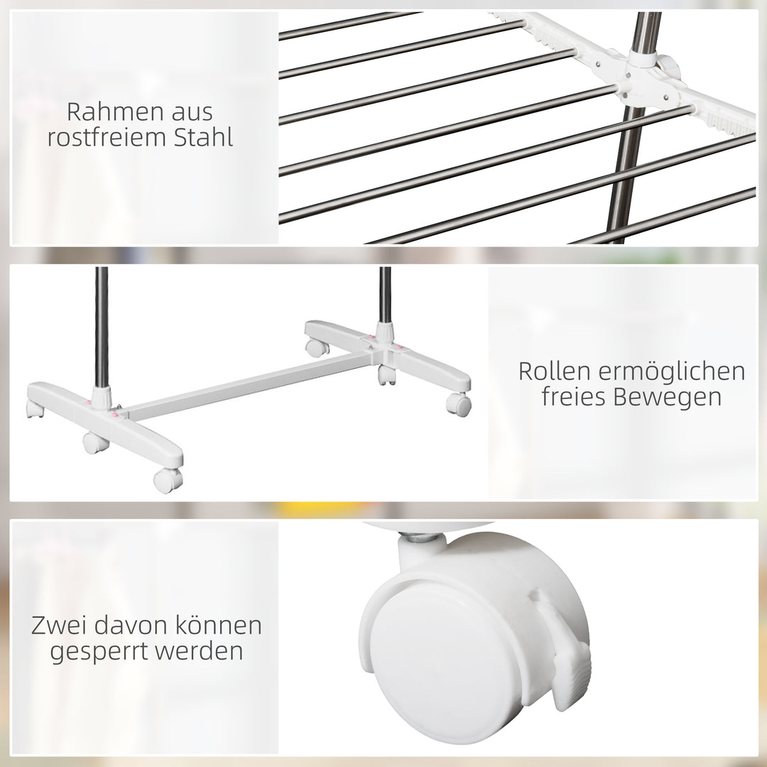 Udtrækkelig tørrestativ med 3 niveauer, foldbare vinger, hjul, indendørs og udendørs tørretumbler, hvid, 83-136,5 x 45,5 x 154 cm