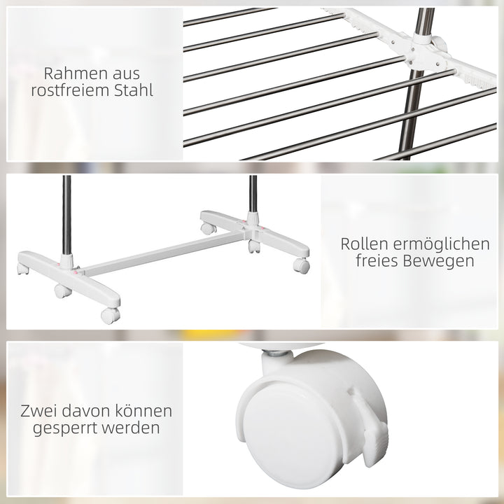 Udtrækkelig tørrestativ med 3 niveauer, foldbare vinger, hjul, indendørs og udendørs tørretumbler, hvid, 83-136,5 x 45,5 x 154 cm