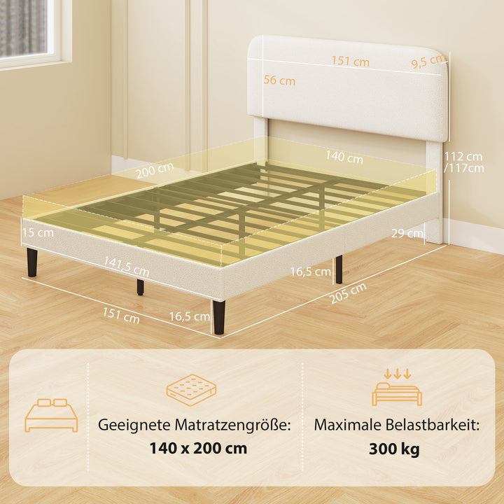 Seng 140x200 cm sengestel med justerbar, polstret hovedgærde i teddyfleece, nem montering, hvid