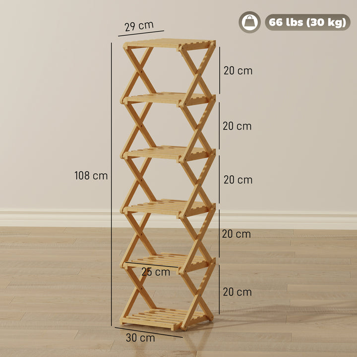 Sammenklappelig skohylde med 6 hylder lavet af bambus, til op til 9 par sko, 30 x 29 x 108 cm, natur