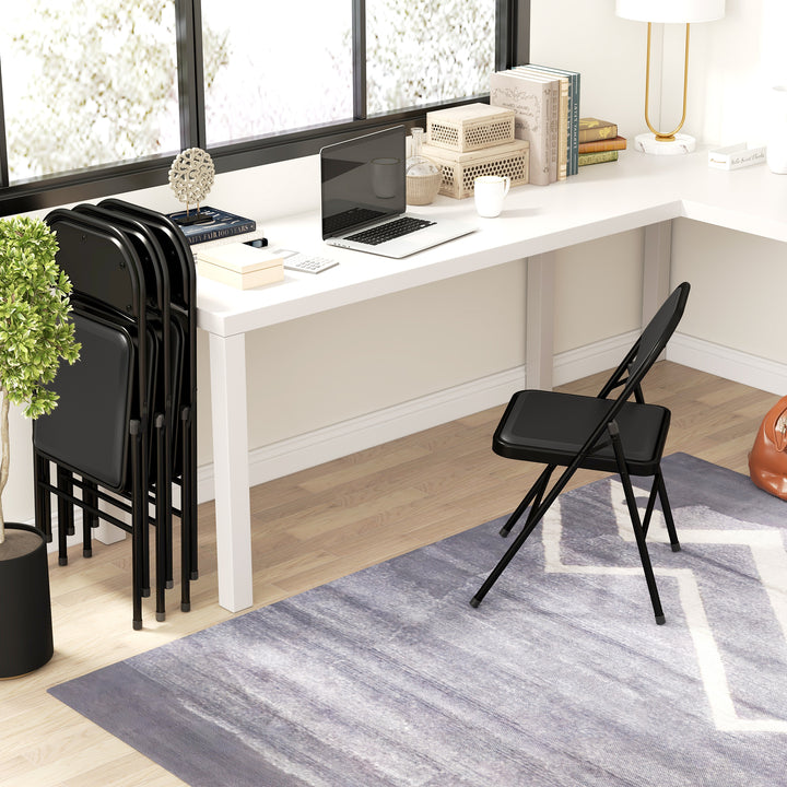 Sæt med 4 klapstole, bærbare kontorstole, metalben, klapstol til kontor, reception, venteværelse, kunstlæder, sort