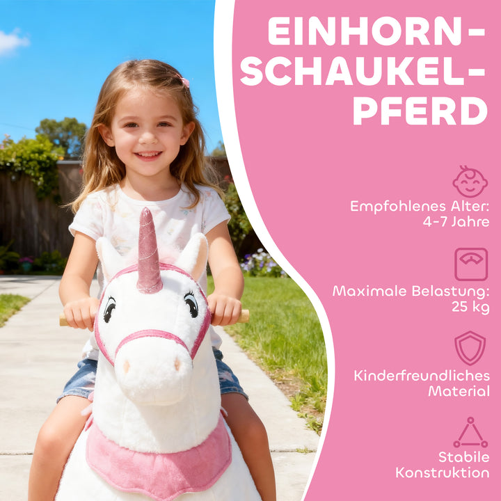 Ridehest til børn, enhjørningsdesign, stofbetræk, robust stel, glatte hjul, gyngehest, 3-5 år, hvid