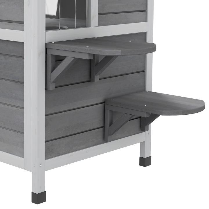 Trækattehus 2-lags vintersikkert vandtæt kattehus med asfalttag, foldbart låg, trappe, kattehule, udendørs ly til udendørs have, balkon, 78 x 55,5 x 91 cm, grå