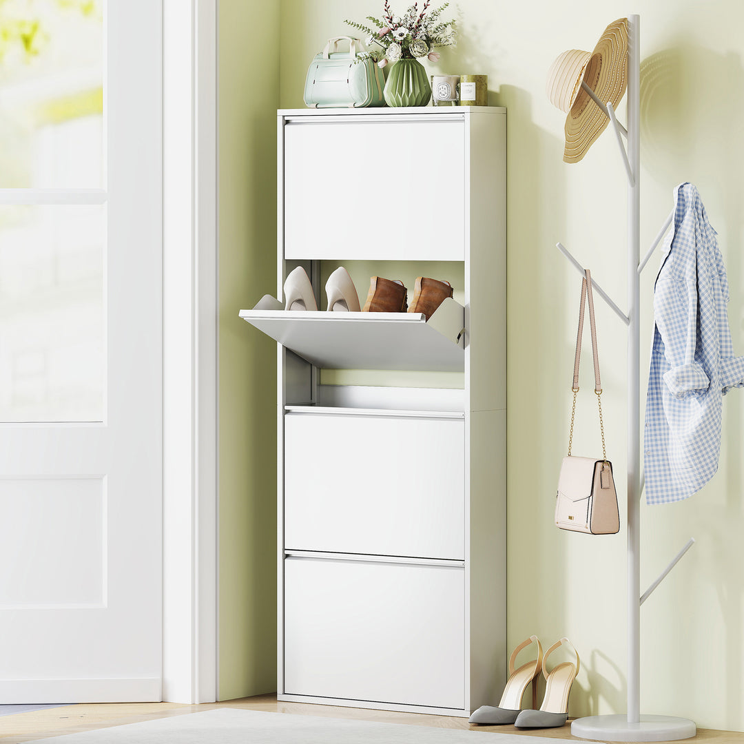 Slim metalskoskab til op til 8 par sko, 4 vippeskuffer, til entré, hvid