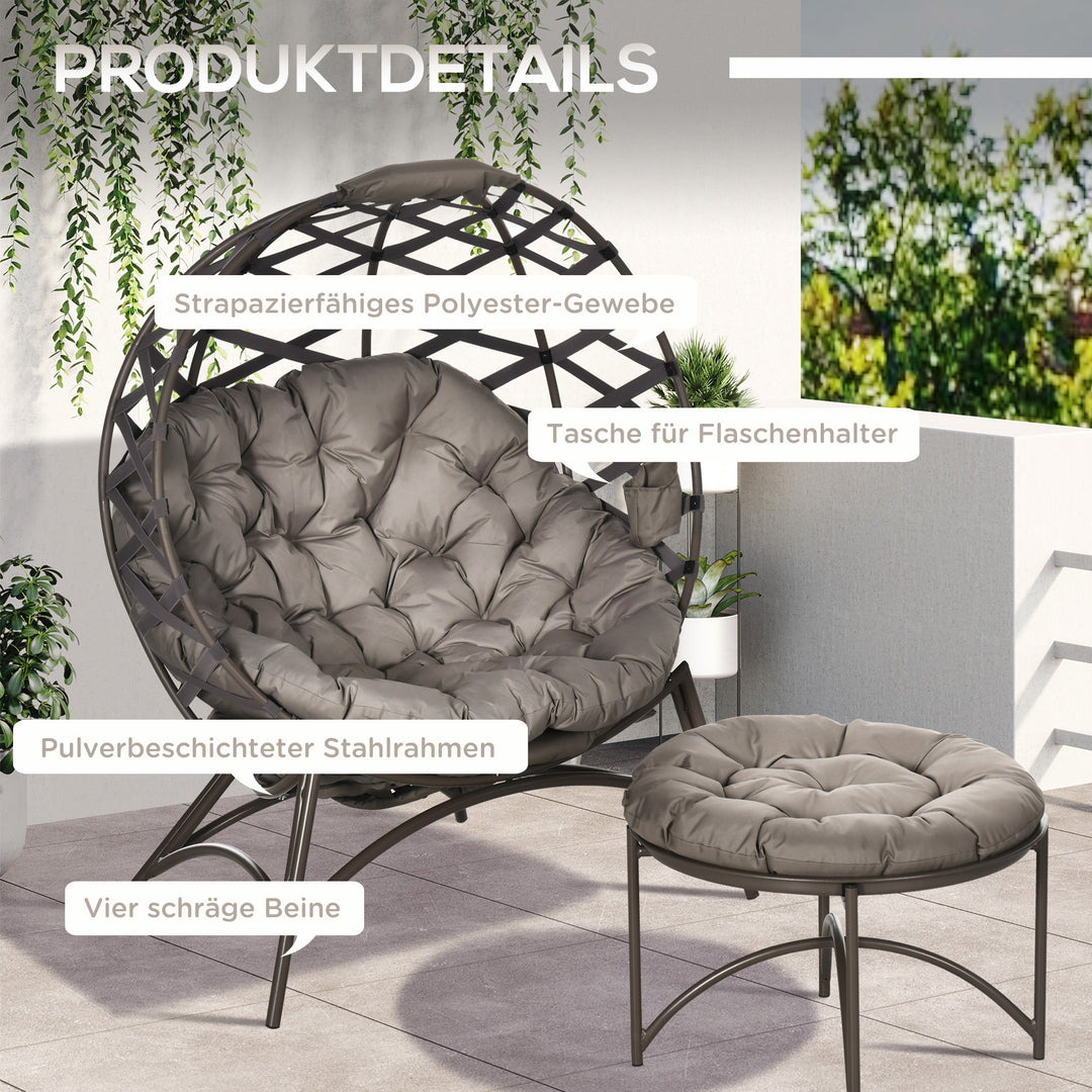 Havestolsæt med 2 dele, skammel/sidebord, stor sædehynde, stålstel, farve: sand, 118 x 75 x 142 cm