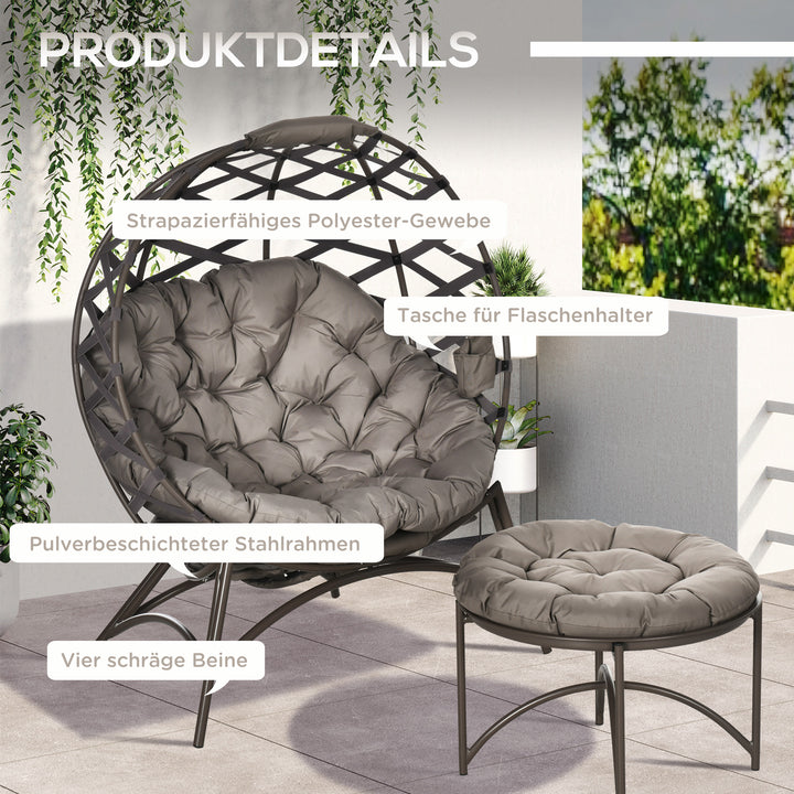 Havestolsæt med 2 dele, skammel/sidebord, stor sædehynde, stålstel, farve: sand, 118 x 75 x 142 cm