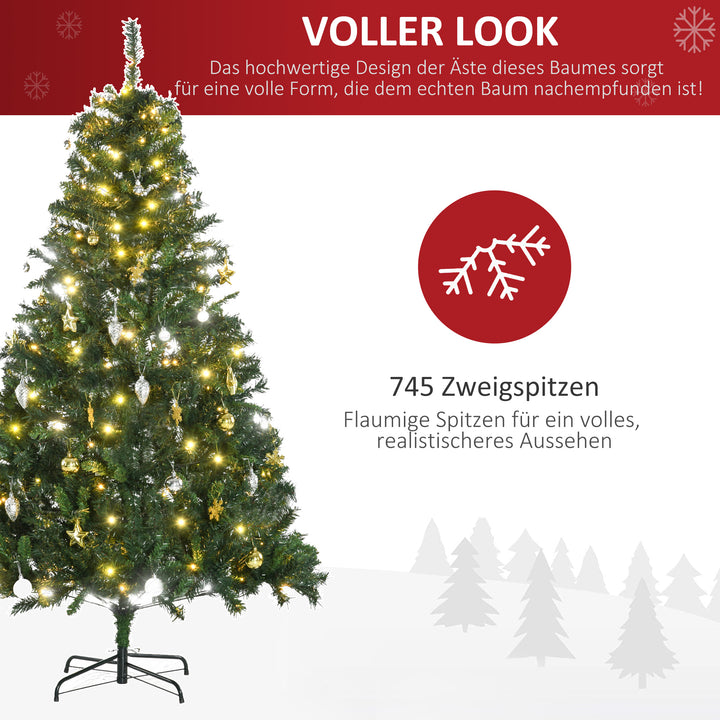 Kunstigt juletræ 180 cm, kunstigt grantræ med LED-belysning, kugler, juletræ med 745 spidser, juledekoration inklusive metalfod til indendørs brug