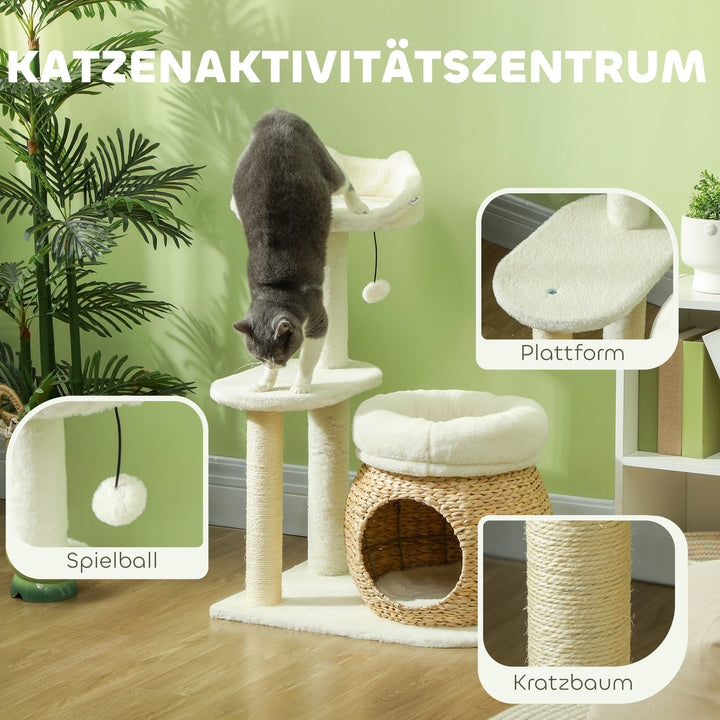 Kradsetræ med kattehule, legebold og platform, rør/sisal, op til 10 kg, 60 x 40 x 79 cm, cremehvid