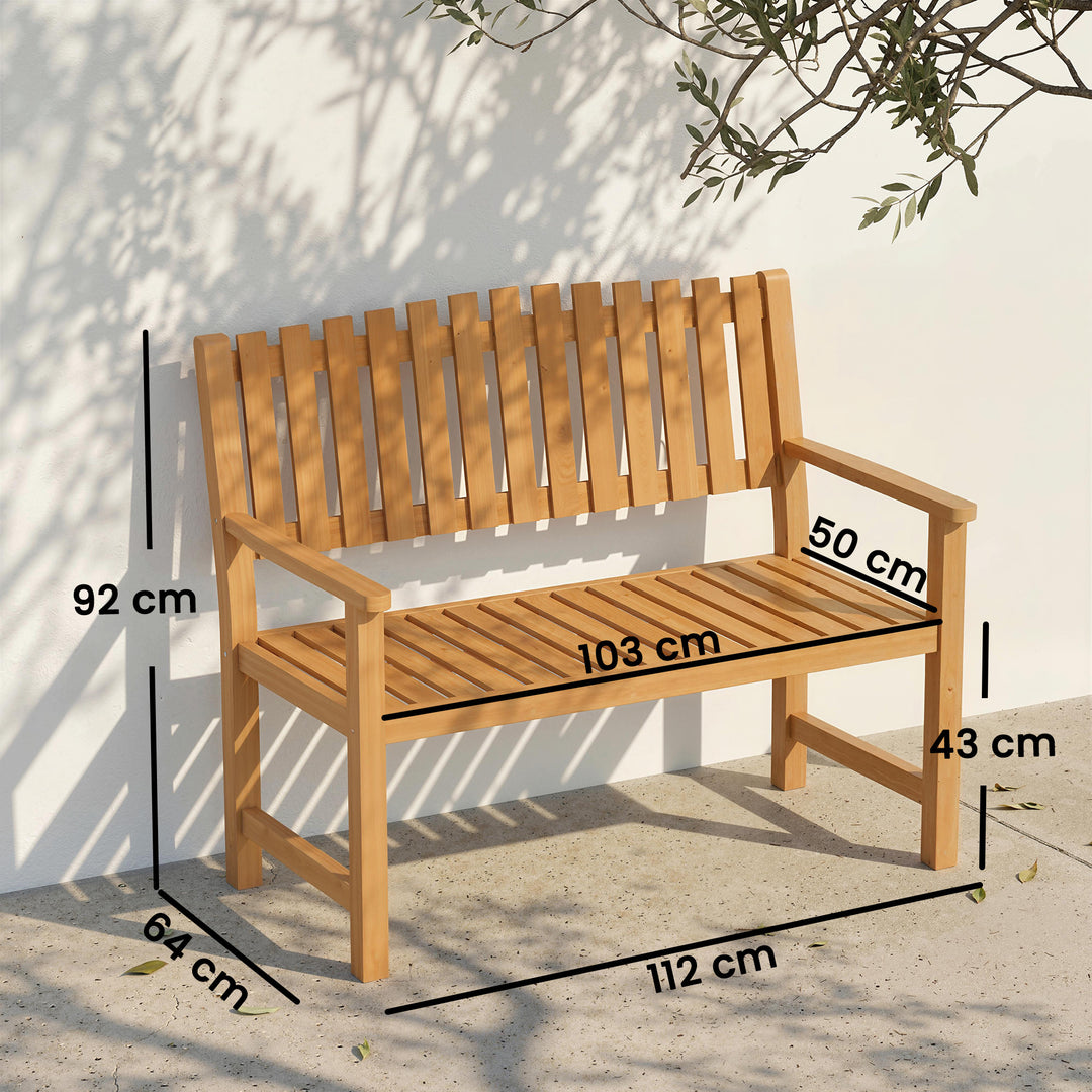 2-personers havebænk, vejrbestandig træbænk med lameller og armlæn, træbænk, bæreevne op til 320 kg, 112 x 64 x 92 cm, naturtræ