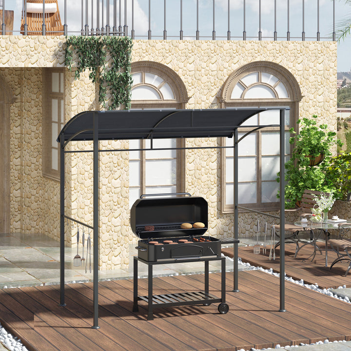Grillpavillon, grillovertræk, regnslag, kroge til redskaber, stålramme, grå, 215 x 150 x 174/220 cm