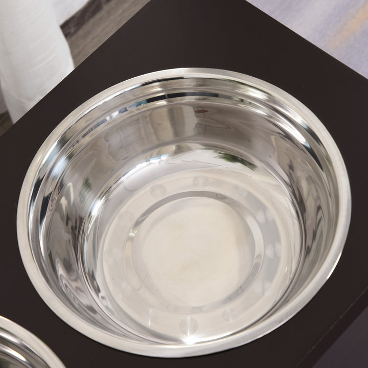 Foderstation, 2 skåle i rustfrit stål, skjult opbevaringsplads, 60 cm x 30 cm x 41 cm, sort + sølv