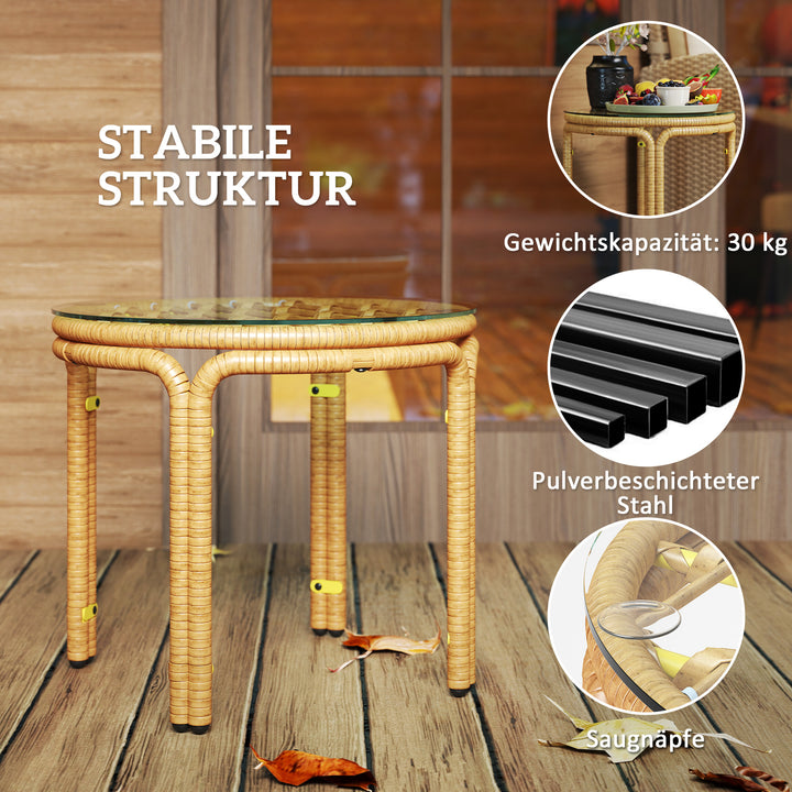 Sidebord lavet af polyrattan rundt sofabord med glasbordplade natbord ø50 cm gul