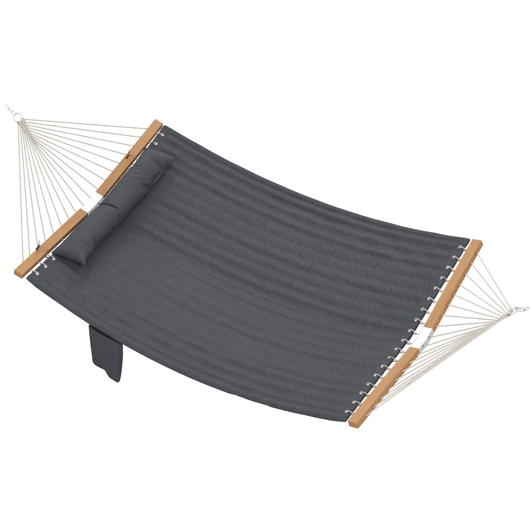 Udendørs hængekøje 200x140cm, dobbeltlags hængekøje med nakkestøtte, magasinlomme, træstænger, op til 200kg