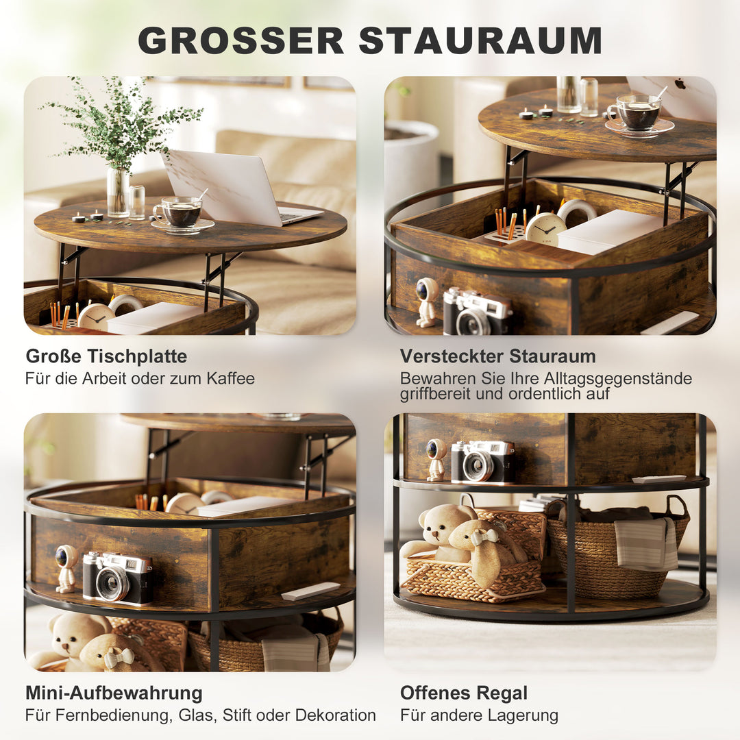 rundt sofabord med løftebar top, opbevaring, sidehylder, stålstel, sofabord, brunt