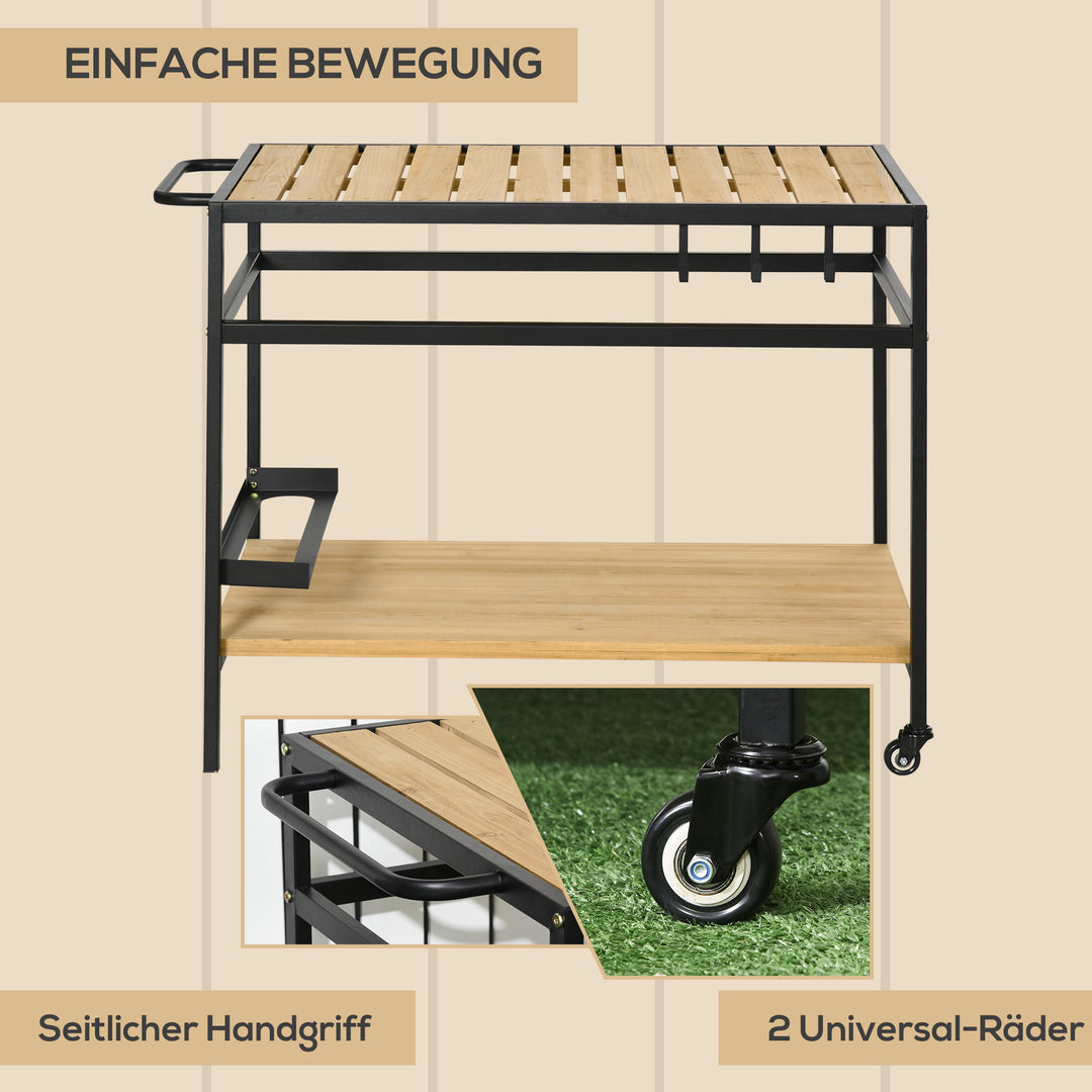 Serveringsvogn i industriel stil, vejrbestandig, 3 kroge, 1 hylde, 107 cm x 65 cm x 80 cm, sort + natur