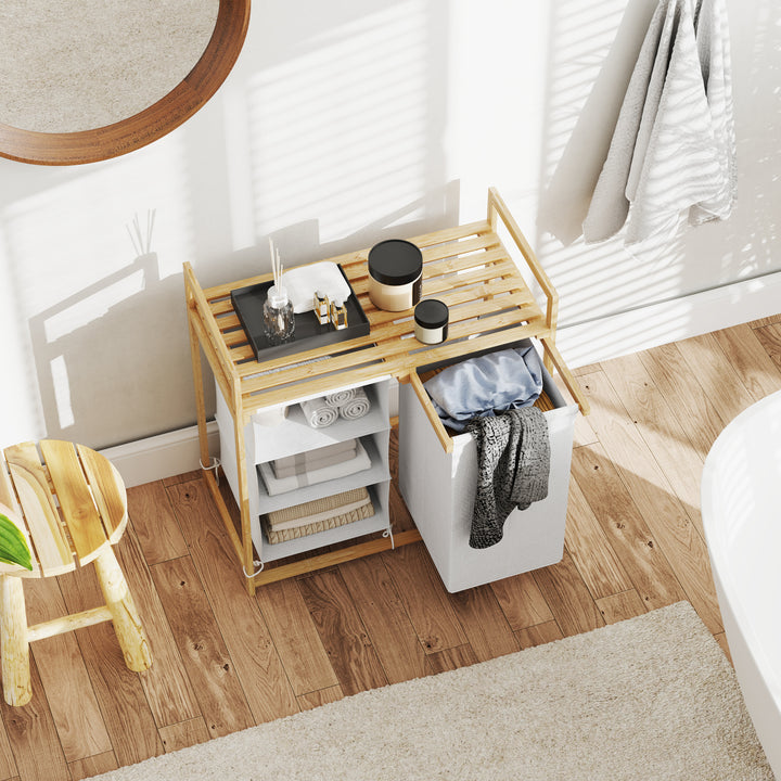 Vasketøjskurv med vasketøjspose, stofskuffe, bambus, 70x36x70 cm, hvid/træ