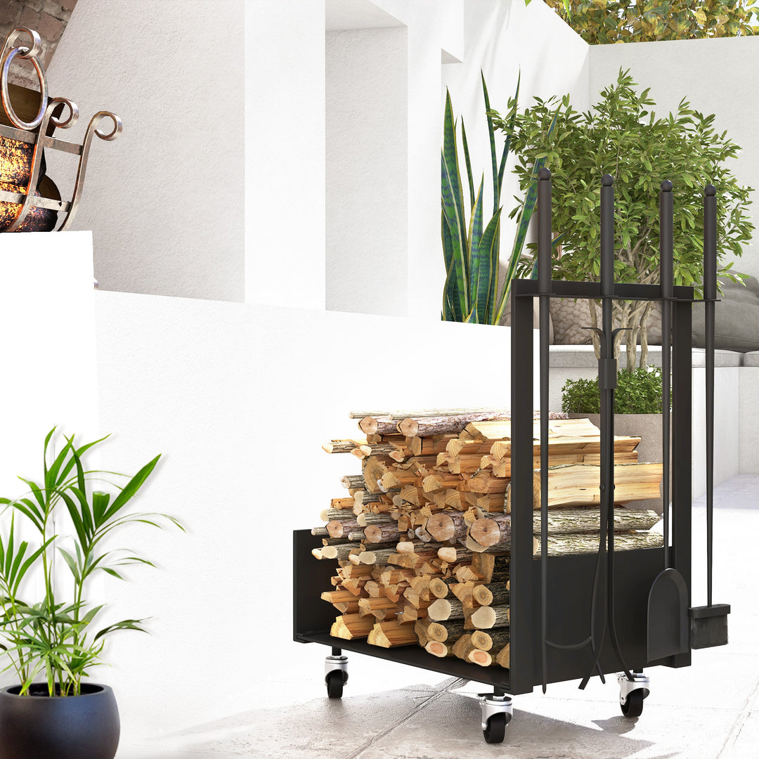 Brændehylde med hjul, meget tilbehør, metalramme, op til 60 kg, 48 x 30 x 76 cm, sort