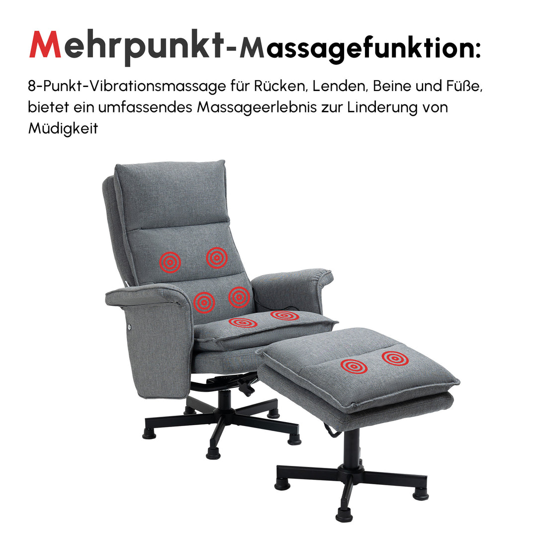Massagekontorstol med fodstøtte, 8 vibrationshoveder, 1 fjernbetjening, 1 sidelomme, grå