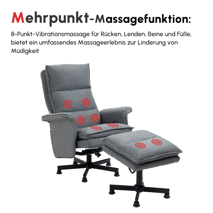 Massagekontorstol med fodstøtte, 8 vibrationshoveder, 1 fjernbetjening, 1 sidelomme, grå