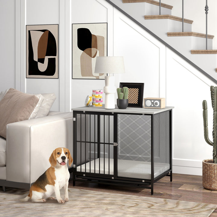 Hundebur med polstret seng, hævet bund, justerbare fødder, 80x55x71 cm, eg/sort