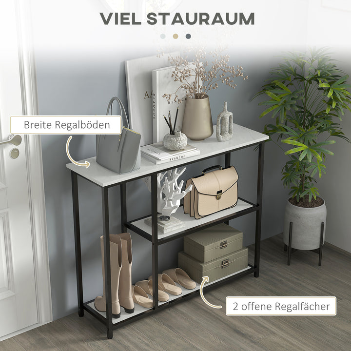 Konsolbord i industrielt design, 2 hylder, marmorlook, sort + hvid