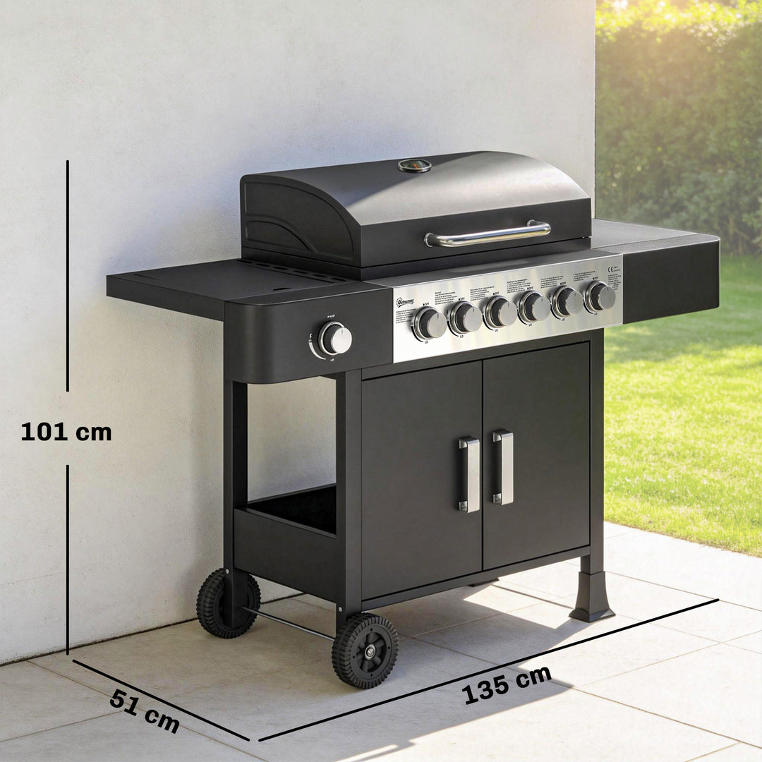 Gasgrill 17,8 kW 6+1 brænder BBQ grillvogn lavet af rustfrit stål inklusive hjul, sidebrænder, termometer, emaljeret grillrist