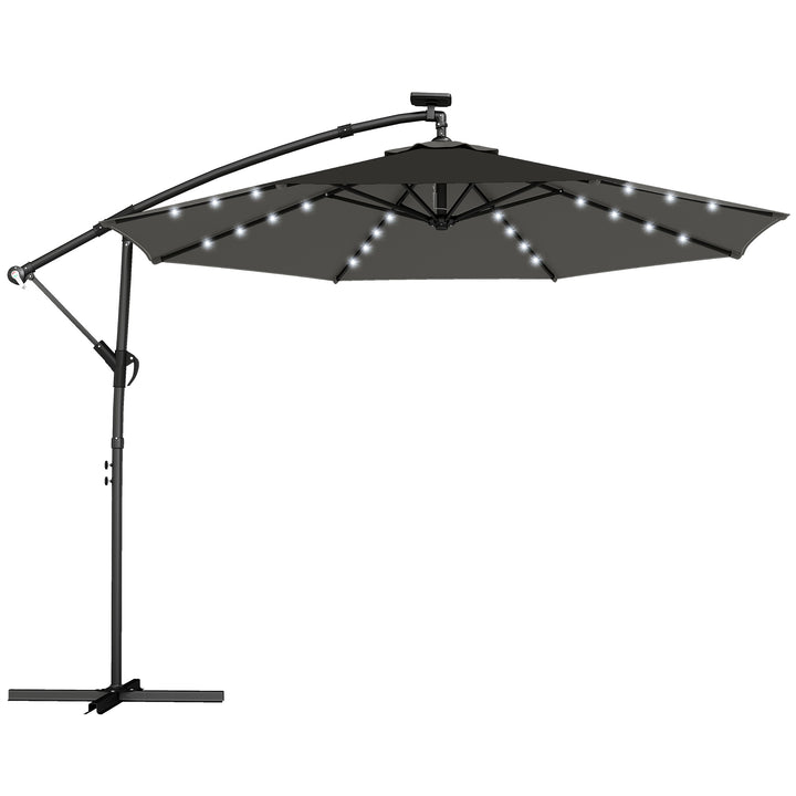 LED solcelledrevet parasol, ca. Ø300 cm, drejelig, med håndsving, beskyttelsesovertræk, mørkegrå