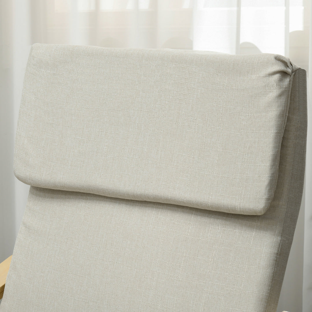 Loungestol med fodskammel, betræk i hørlook, træstel, op til 120 kg, cremehvid/natur