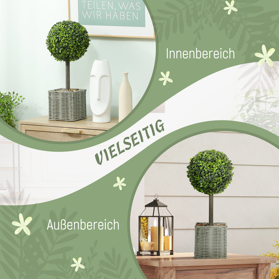 Sæt med 2 kunstige planter, uv-bestandige kunstige træer i potter, egnet til indendørs og udendørs brug, plastik, cement, grøn