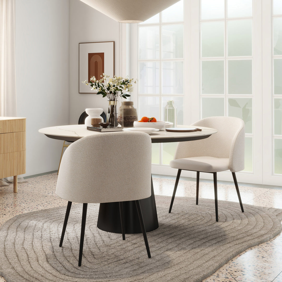 Sæt med 2 spisebordsstole, polstrede stofkøkkenstole med stålben, buet ryglæn, cremehvid