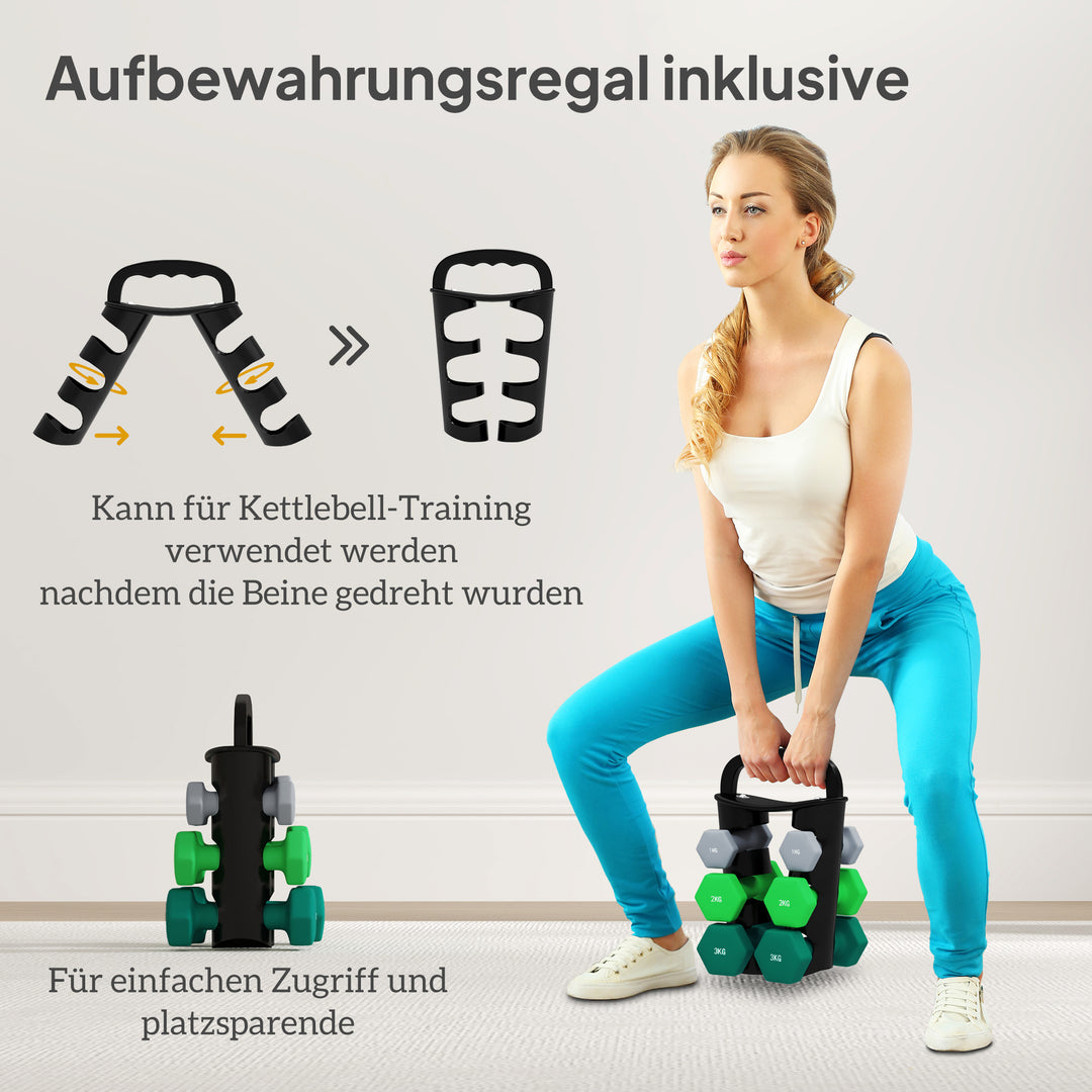 Håndvægtsæt med opbevaringsstativ, sæt med 6 håndvægte til fitnesstræning, 2 x 1 kg, 2 x 2 kg, 2 x 3 kg