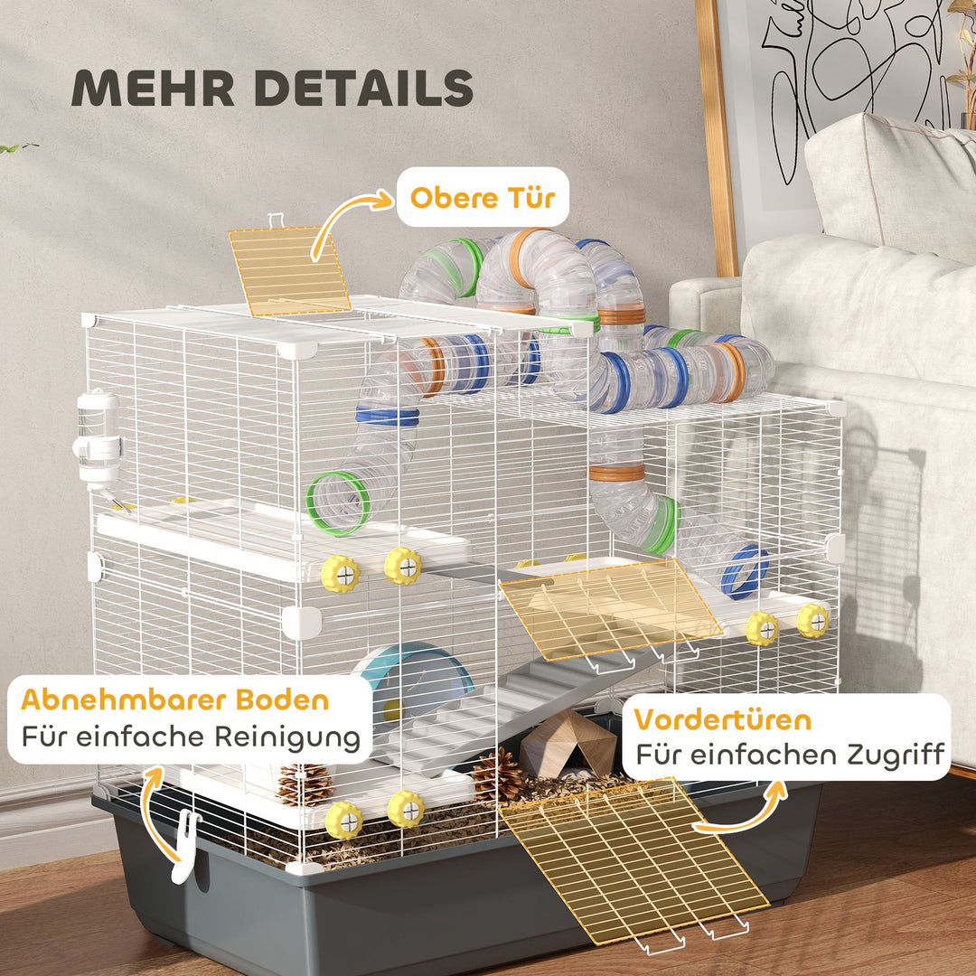 Dværghamsterbur, 4 niveauer, tunnelsystem, bur, tilbehør, topåbning, 78 x 45 x 73 cm, grå