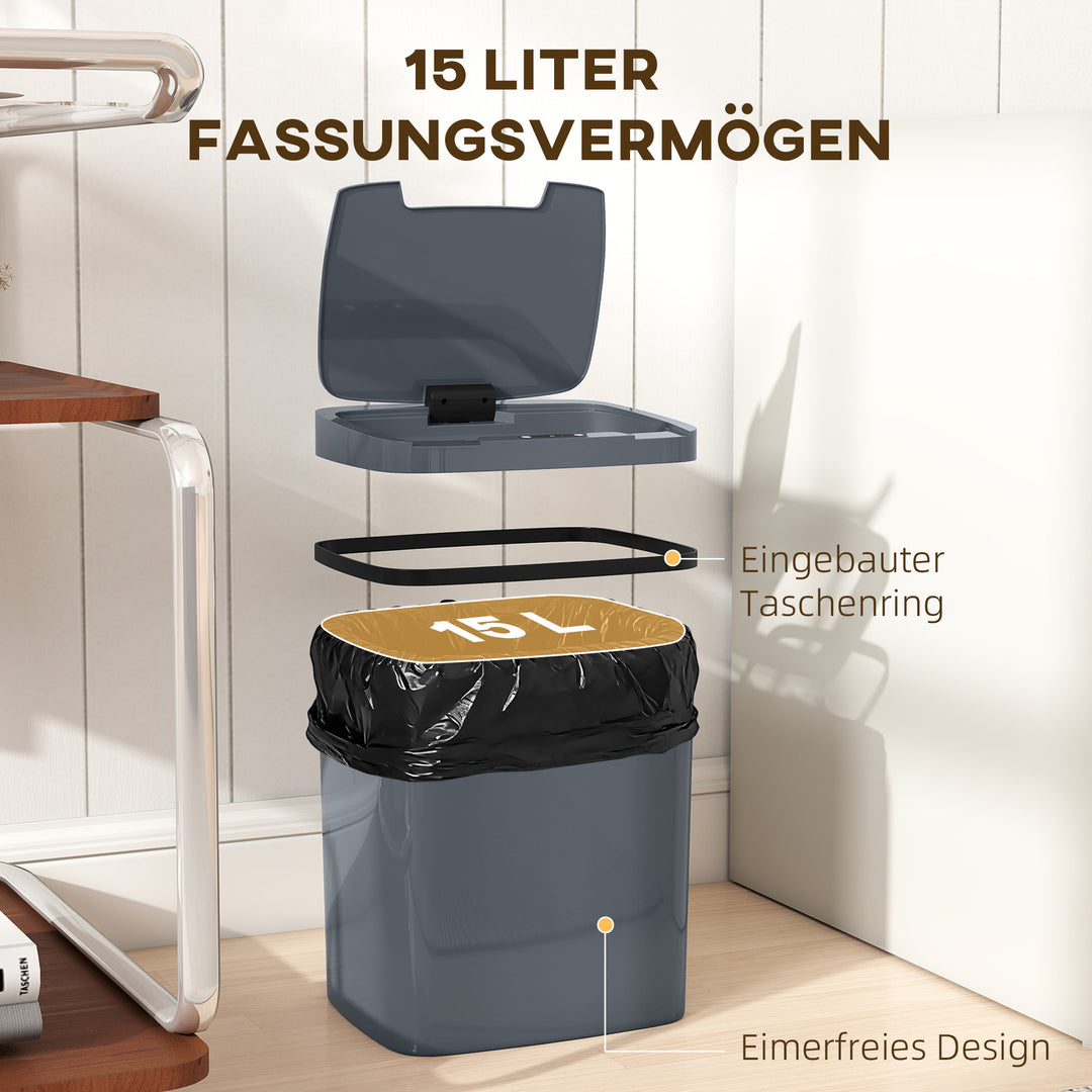 Sensoraktiveret 15L automatisk skraldespand med to åbningsmuligheder, til kontor, køkken, 27,6 x 21,4 x 33,5 cm, grå