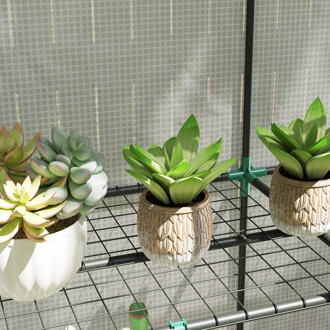 Mini drivhus med 3-lags hylde, plastikdæksel, uv-bestandig, bærbar rulleport, 144 x 48 x 152 cm, hvid