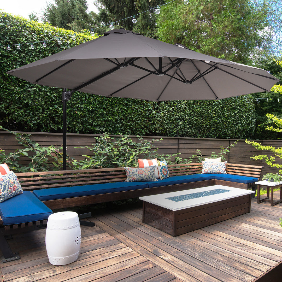 XXL parasol med krydsstativ inklusive håndsving, vejrbestandig, 270 cm x 440 cm x 250 cm, grå