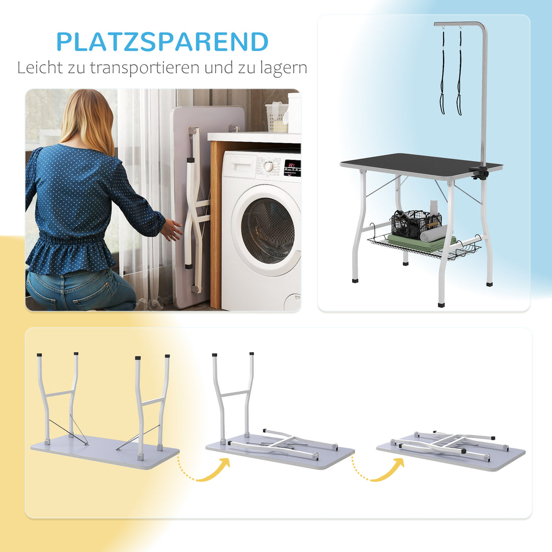 Hundetrimmebord med justerbar arm og opbevaringsrum, gummioverflade, 90 x 60 x 76 cm, sort