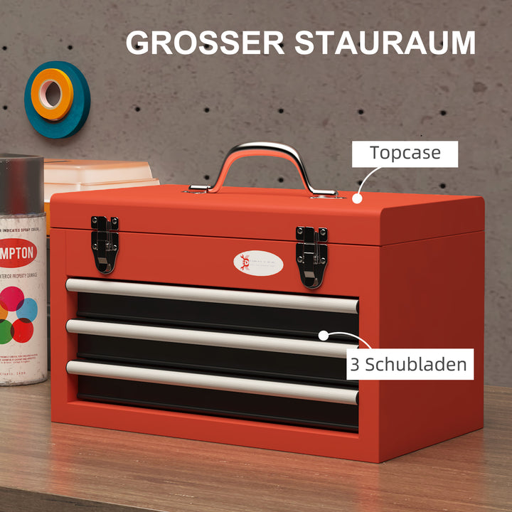 Værktøjskasse med 3 skuffer, 1 rum, robuste stållåse, 45 x 24 x 27 cm, rød